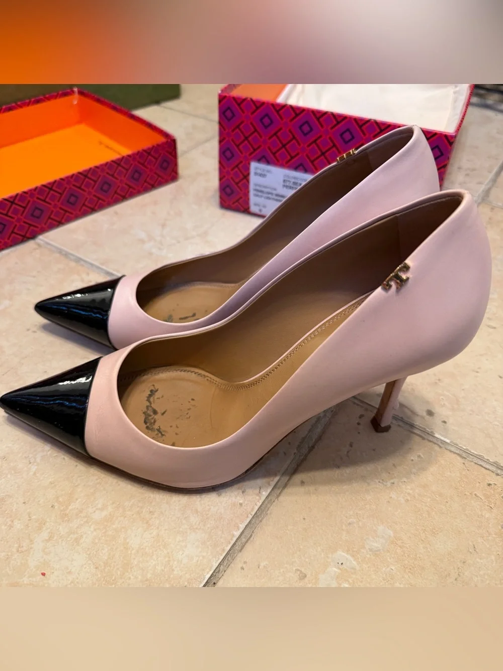 TORY BURCH Women’s Penelope 85mm Cap-Toe Pumps Sea Shell Pink Black Size 9